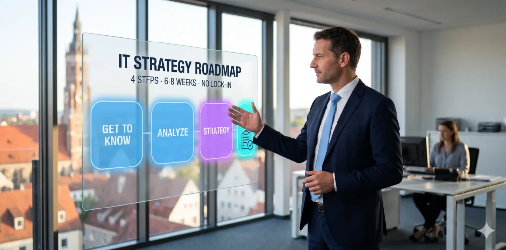 Berater zeigt auf transparenten Touchscreen mit IT-Strategie-Roadmap in vier Phasen, Landshuter Altstadt im Hintergrund.
