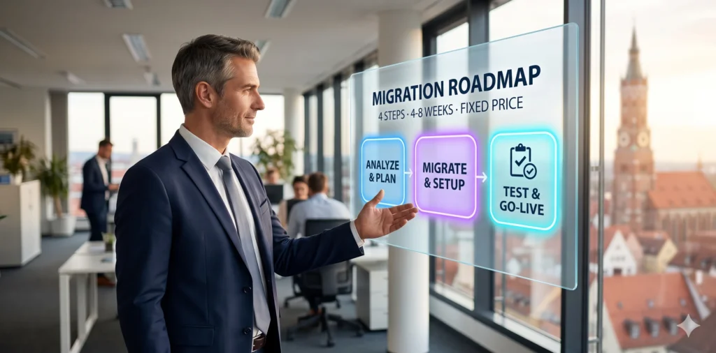 Berater zeigt auf transparenten Touchscreen mit Migrations-Roadmap in vier Phasen, Landshuter Altstadt im Hintergrund.