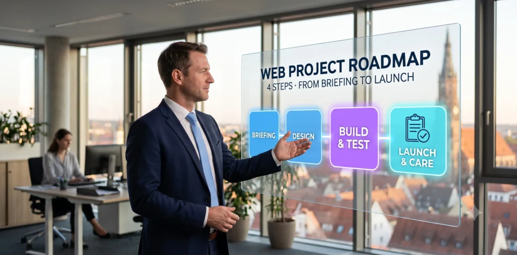 Webentwicklung Ablauf in 4 Schritten von Newmountains.IT Landshut – Briefing, Design, Entwicklung, Launch