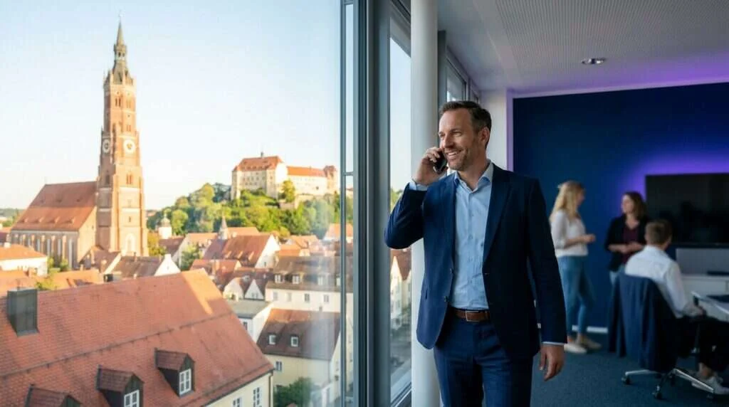 Vodafone Business Mobilfunk für Unternehmen — Geschäftsmann telefoniert mobil per 5G, betreut von Newmountains.IT