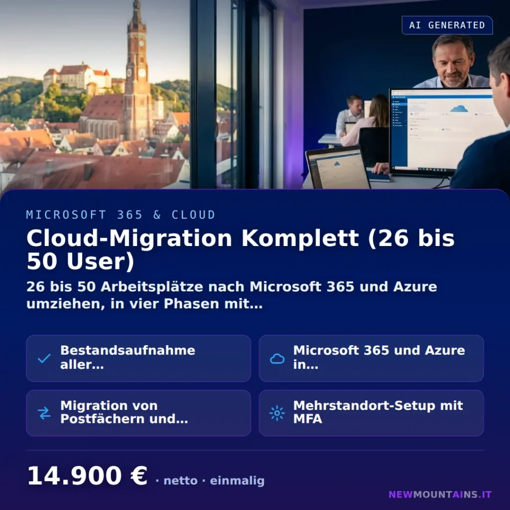 Cloud-Migration Komplett (26 bis 50 User) — 26 bis 50 Arbeitsplätze nach Microsoft 365 und Azure umziehen, in vier Phasen mit… von Newmountains.IT aus Landshut