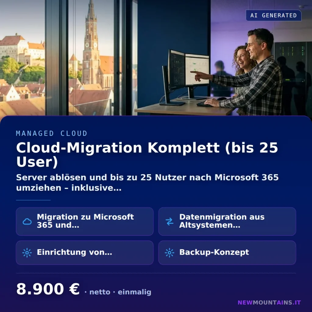 Cloud-Migration Komplett (bis 25 User) — Server ablösen und bis zu 25 Nutzer nach Microsoft 365 umziehen – inklusive… von Newmountains.IT aus Landshut