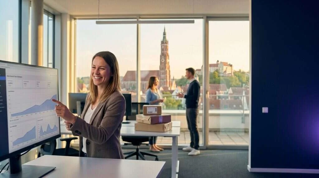 Mehr Umsatz im E-Commerce — Händlerin prüft ein Multichannel-Umsatz-Dashboard über mehrere Marktplätze
