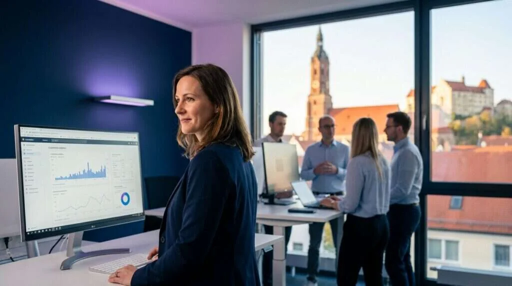 Volle Kontrolle im E-Commerce — Managerin überwacht ein zentrales Analytics-Dashboard