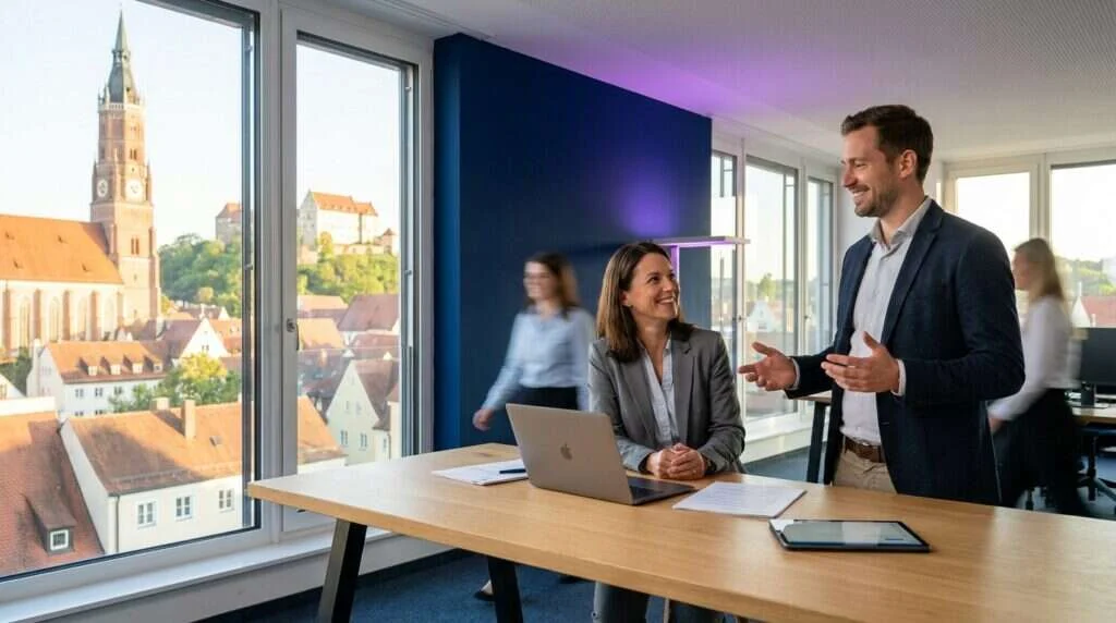 IT-Berater erklärt einer Unternehmerin die All-in-One-Lösung für Telefonie, Internet und KI, betreut von Newmountains.IT aus Landshut.