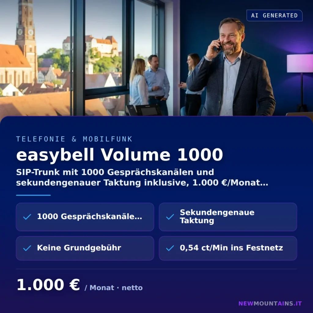 easybell Volume 1000 — SIP-Trunk mit 1000 Gesprächskanälen und sekundengenauer Taktung inklusive, 1.000 €/Monat… von Newmountains.IT aus Landshut