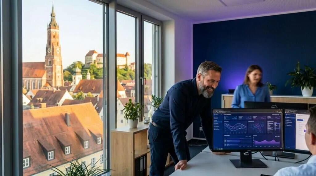 IT-Sicherheitsspezialist überwacht E-Mail-Schutz an einem aufgeräumten Arbeitsplatz mit abstrakten Sicherheits-Dashboards, betreut von Newmountains.IT aus Landshut