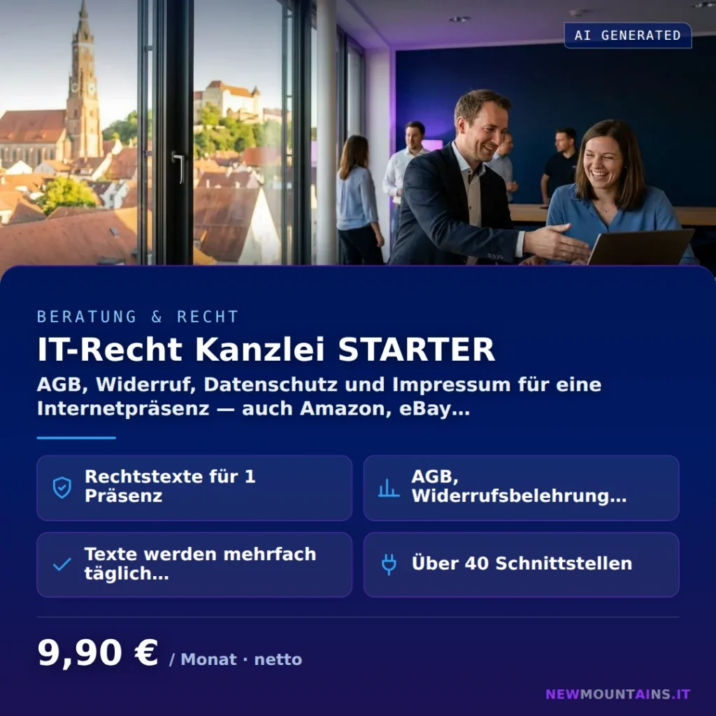 IT-Recht Kanzlei STARTER — AGB, Widerruf, Datenschutz und Impressum für eine Internetpräsenz — auch Amazon, eBay… von Newmountains.IT aus Landshut