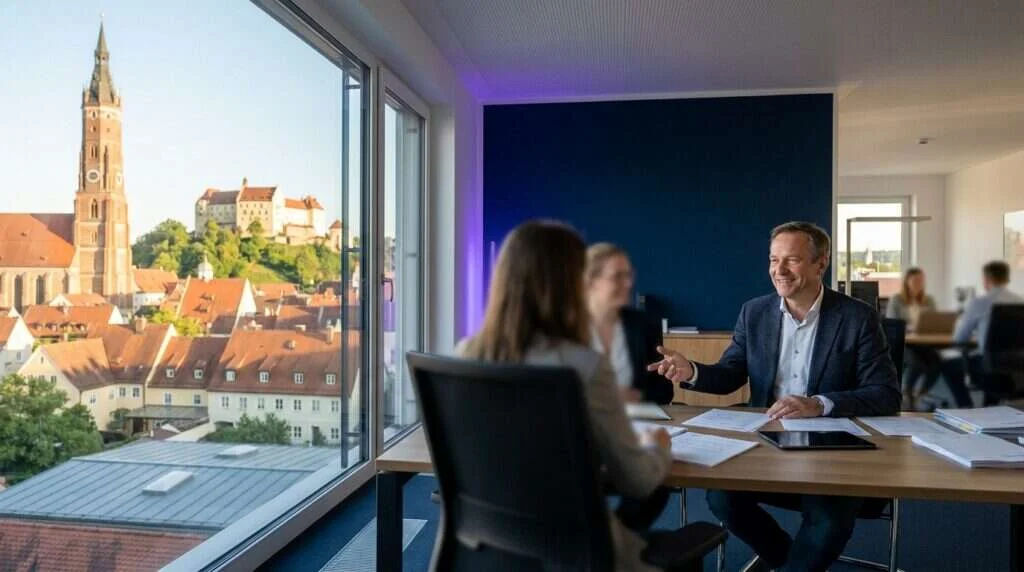 Juristin prüft E-Commerce-Compliance-Unterlagen auf einem Tablet und gedruckten Dokumenten am Schreibtisch, betreut von Newmountains.IT aus Landshut
