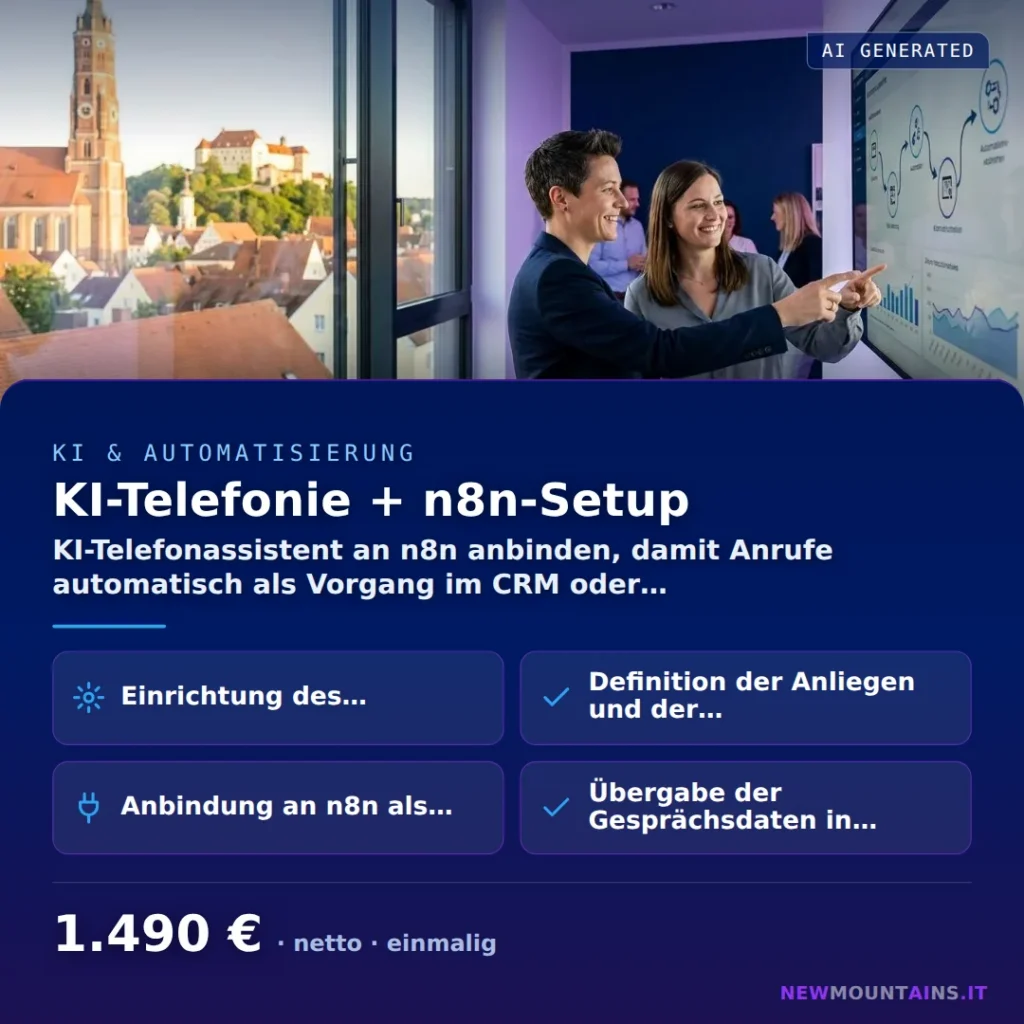 KI-Telefonie + n8n-Setup — KI-Telefonassistent an n8n anbinden, damit Anrufe automatisch als Vorgang im CRM oder… von Newmountains.IT aus Landshut