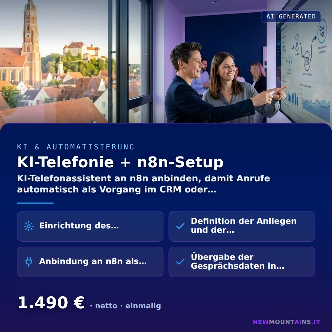 KI-Telefonie + n8n-Setup — KI-Telefonassistent an n8n anbinden, damit Anrufe automatisch als Vorgang im CRM oder… von Newmountains.IT aus Landshut