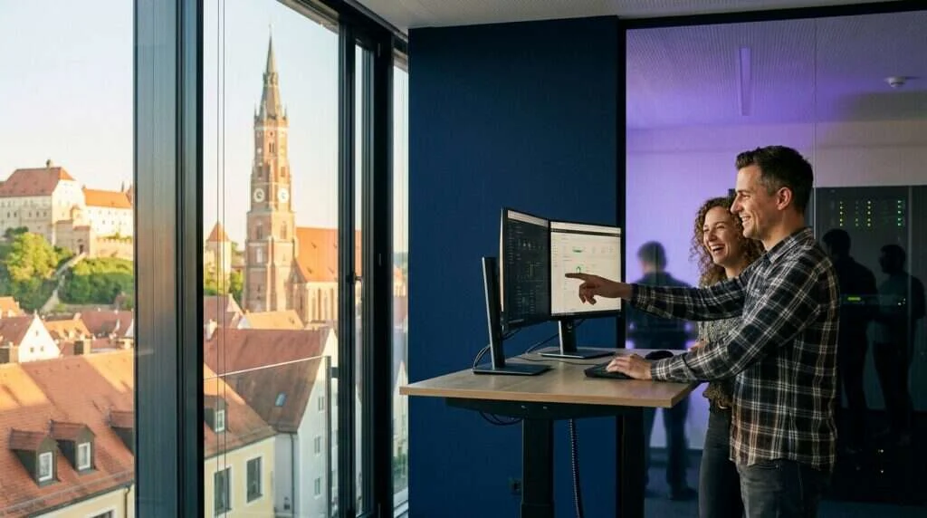Cloud-Migration für KMU: Techniker und Kollegin prüfen die Cloud-Umgebung am Monitor