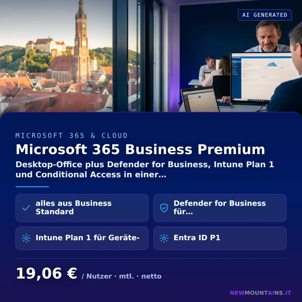 Microsoft 365 Business Premium — Desktop-Office plus Defender for Business, Intune Plan 1 und Conditional Access in einer… von Newmountains.IT aus Landshut