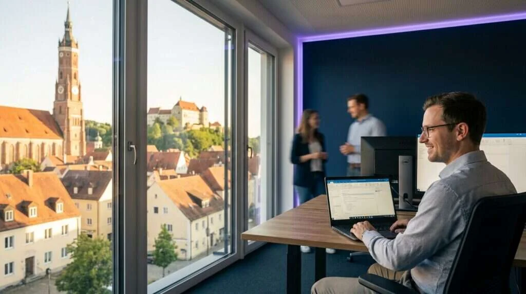 Fachkraft arbeitet konzentriert mit Microsoft 365 Cloud-Produktivität an Laptop und großem Monitor, betreut von Newmountains.IT aus Landshut