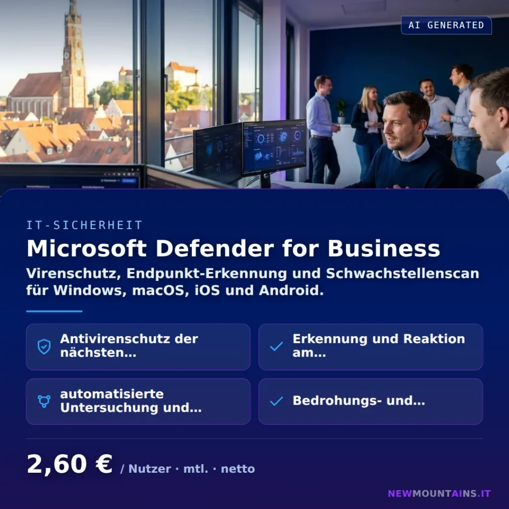 Microsoft Defender for Business — Virenschutz, Endpunkt-Erkennung und Schwachstellenscan für Windows, macOS, iOS und Android. von Newmountains.IT aus Landshut