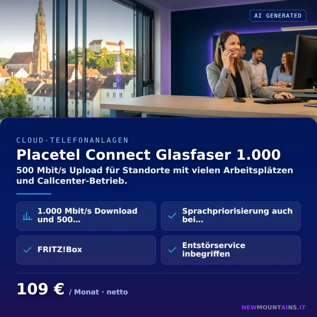 Placetel Connect Glasfaser 1.000 — 500 Mbit/s Upload für Standorte mit vielen Arbeitsplätzen und Callcenter-Betrieb. von Newmountains.IT aus Landshut
