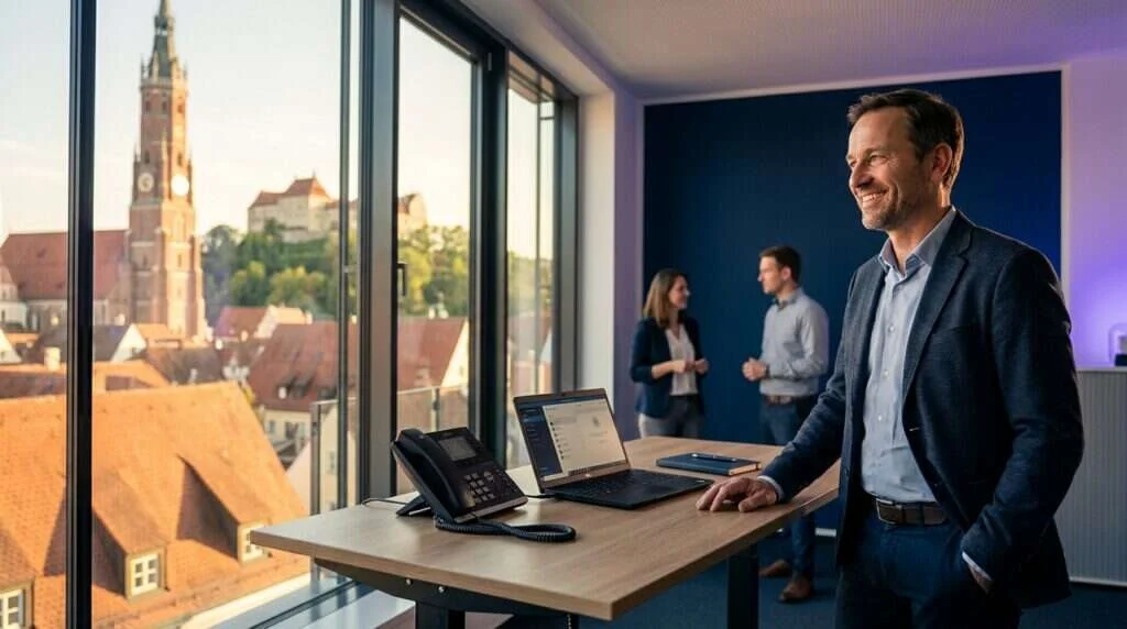 Placetel Cloud-Telefonanlage im Überblick — Geschäftsmann mit VoIP-Tischtelefon und Softphone am Laptop, betreut von Newmountains.IT aus Landshut