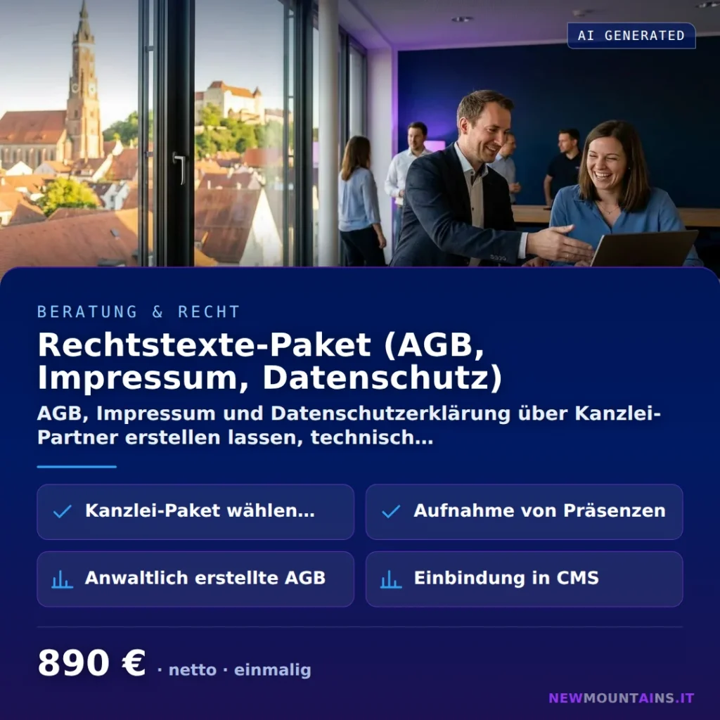 Rechtstexte-Paket (AGB, Impressum, Datenschutz) — AGB, Impressum und Datenschutzerklärung über Kanzlei-Partner erstellen lassen, technisch… von Newmountains.IT aus Landshut
