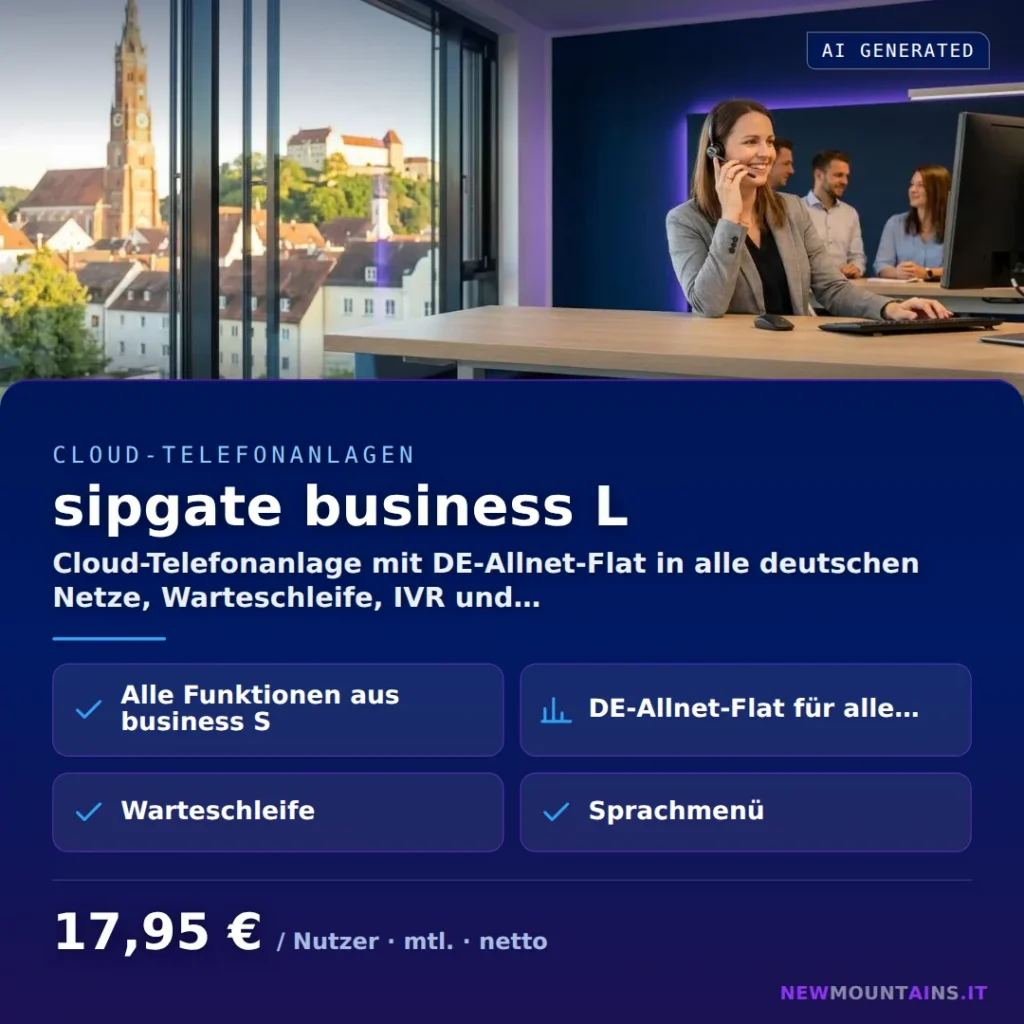 sipgate business L — Cloud-Telefonanlage mit DE-Allnet-Flat in alle deutschen Netze, Warteschleife, IVR und… von Newmountains.IT aus Landshut