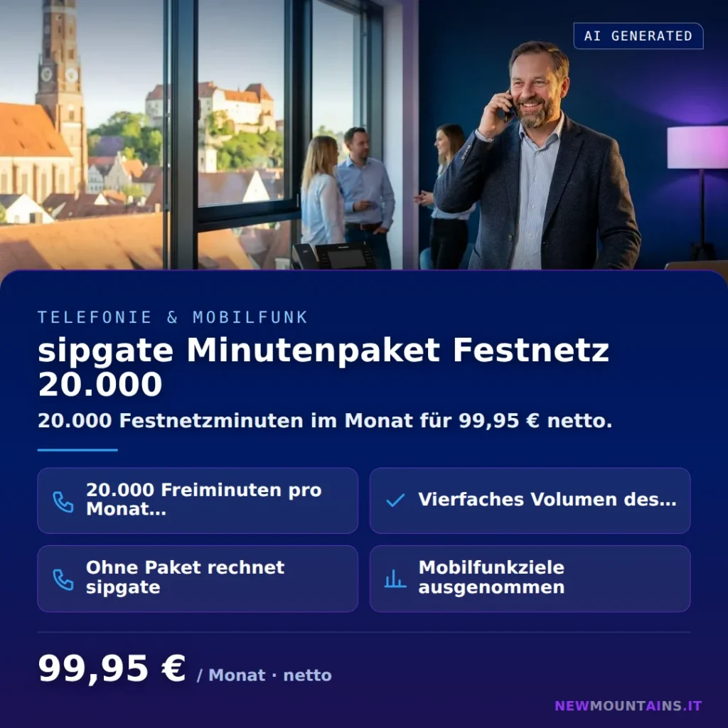 sipgate Minutenpaket Festnetz 20.000 — 20.000 Festnetzminuten im Monat für 99,95 € netto. von Newmountains.IT aus Landshut