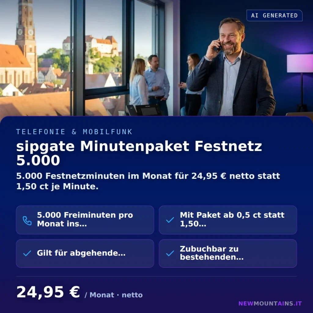 sipgate Minutenpaket Festnetz 5.000 — 5.000 Festnetzminuten im Monat für 24,95 € netto statt 1,50 ct je Minute. von Newmountains.IT aus Landshut