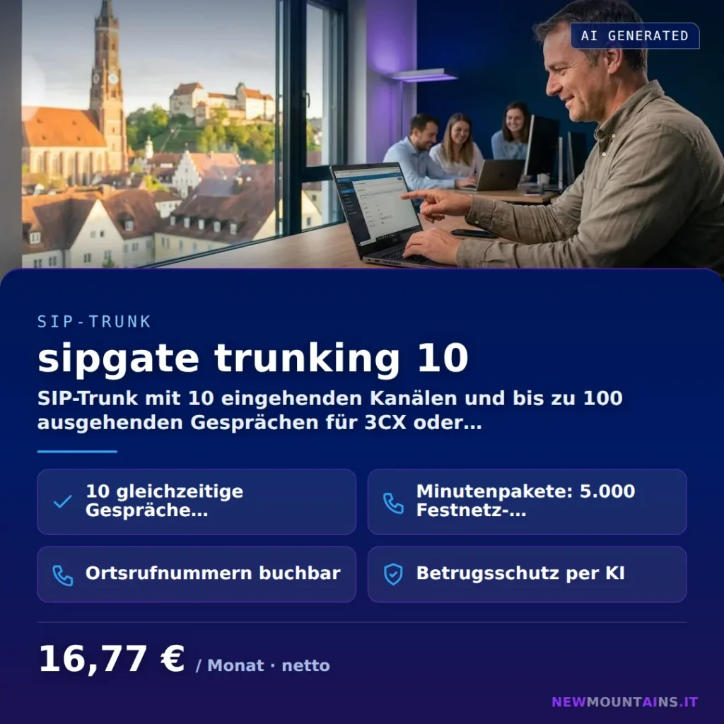 sipgate trunking 10 — SIP-Trunk mit 10 eingehenden Kanälen und bis zu 100 ausgehenden Gesprächen für 3CX oder… von Newmountains.IT aus Landshut