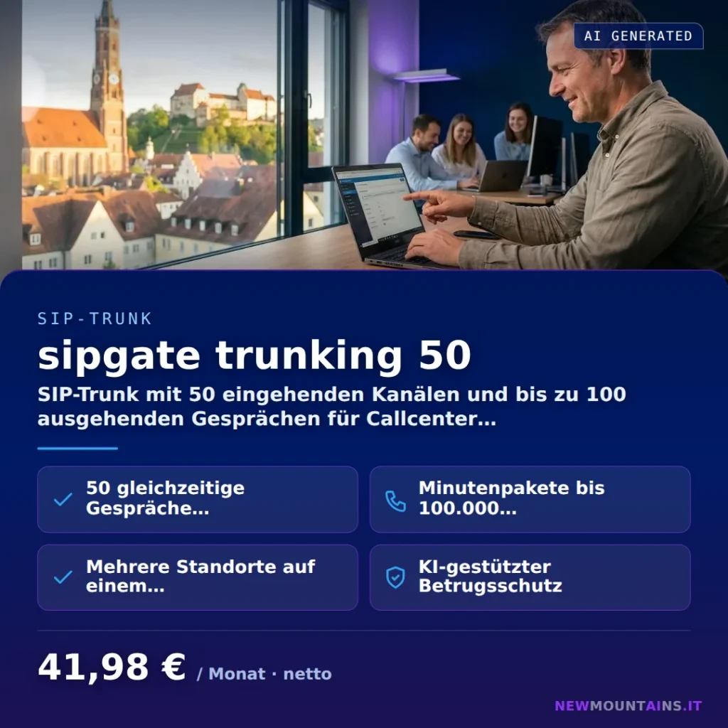 sipgate trunking 50 — SIP-Trunk mit 50 eingehenden Kanälen und bis zu 100 ausgehenden Gesprächen für Callcenter… von Newmountains.IT aus Landshut