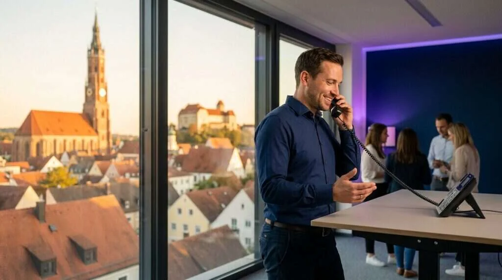 sipgate Cloud-Telefonie im Überblick — Mitarbeiter im hellen Büro in Landshut telefoniert über die Cloud-Telefonanlage, betreut von Newmountains.IT aus Landshut