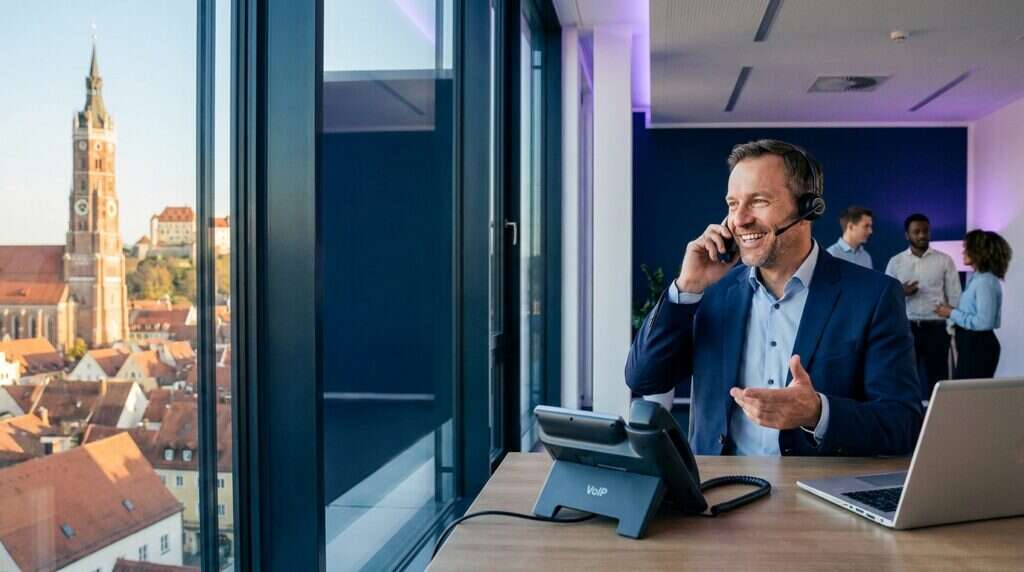 Cloud-Telefonanlage für KMU aus Landshut — Berater von Newmountains.IT mit Headset und VoIP-Telefon im Kundengespräch