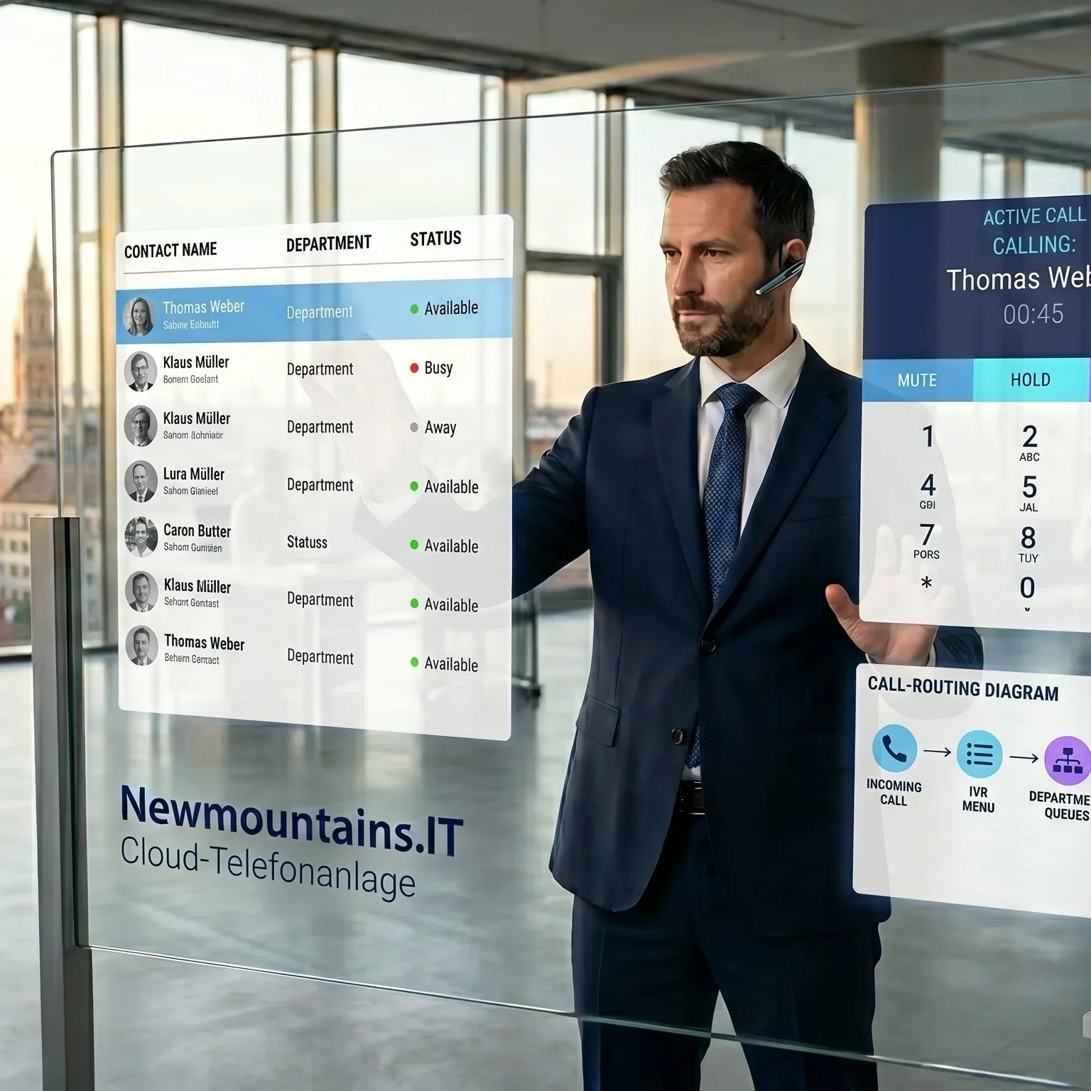 Cloud-Telefonanlage für KMU – Mitarbeiter mit Headset am Anruf-Interface, Newmountains.IT