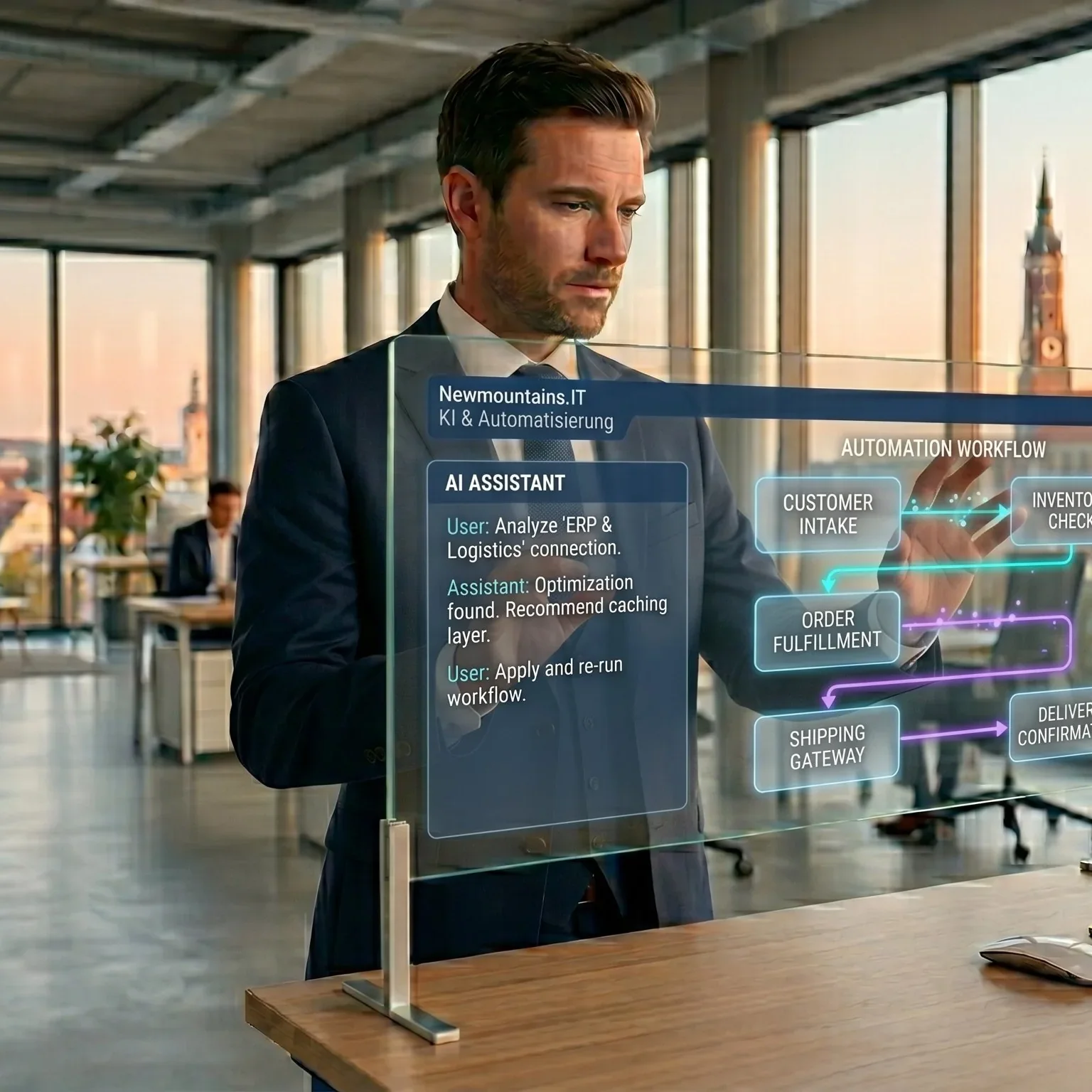 KI und Automatisierung für KMU – KI-Assistent und Automatisierungs-Flow am Touchscreen, Newmountains.IT