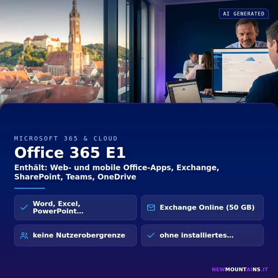 Office 365 E1 – Enthält: Web- und mobile Office-Apps, Exchange, SharePoint, Teams, OneDrive | Newmountains.IT aus Landshut