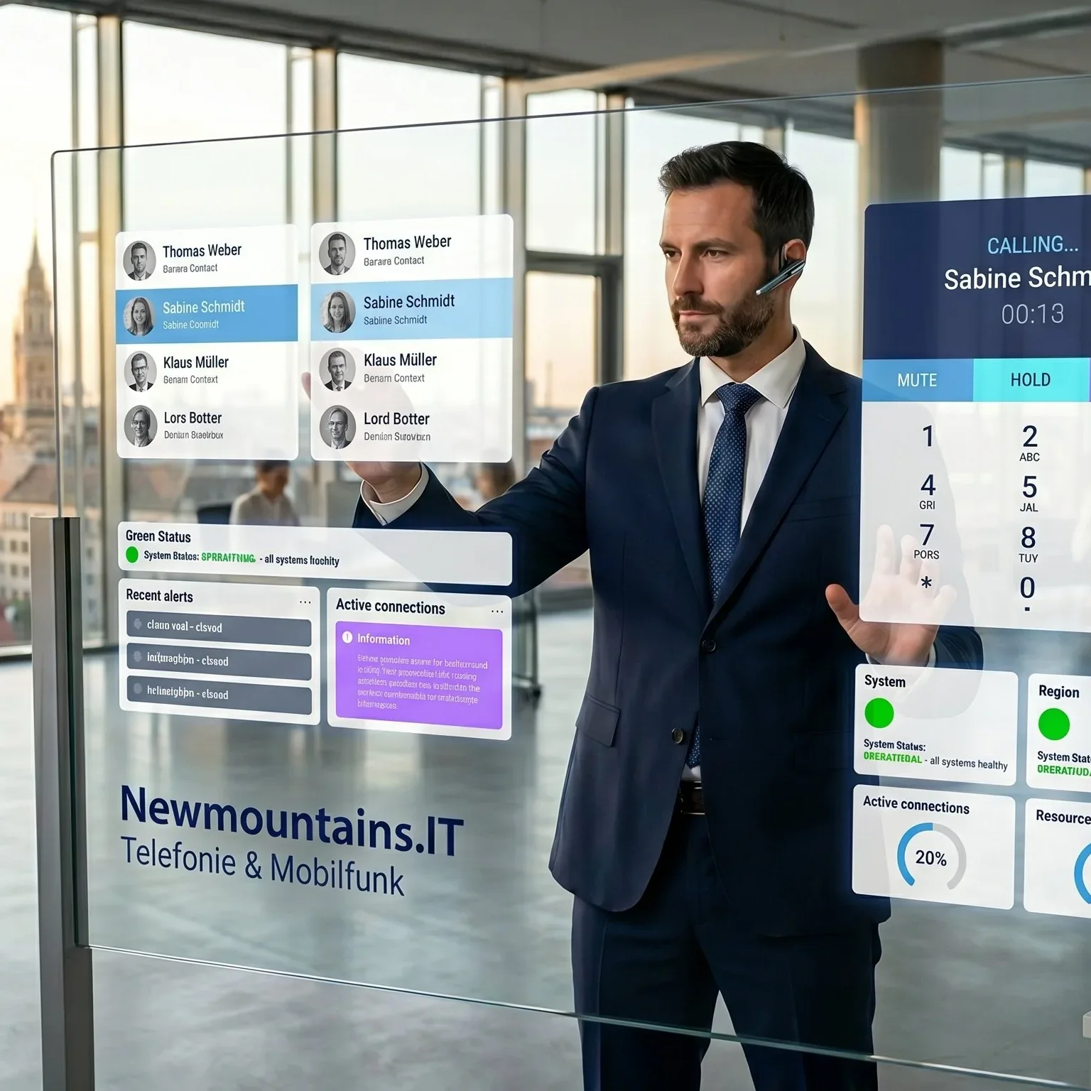 Telefonie und Mobilfunk für Unternehmen – Mitarbeiter mit Headset und Smartphone, Newmountains.IT